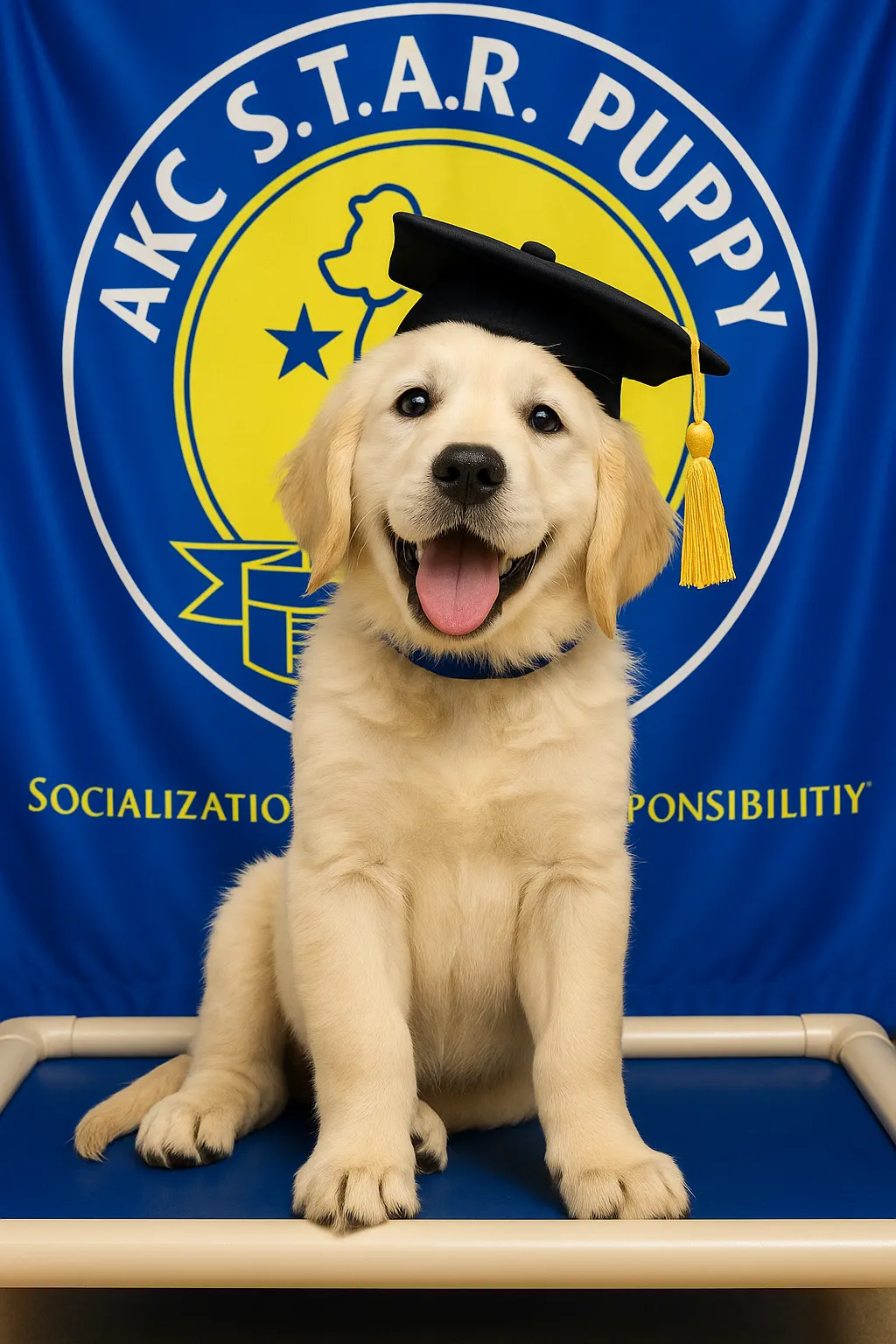 Golden retriever puppy wearing a graduation cap in front of an AKC S.T.A.R. Puppy banner